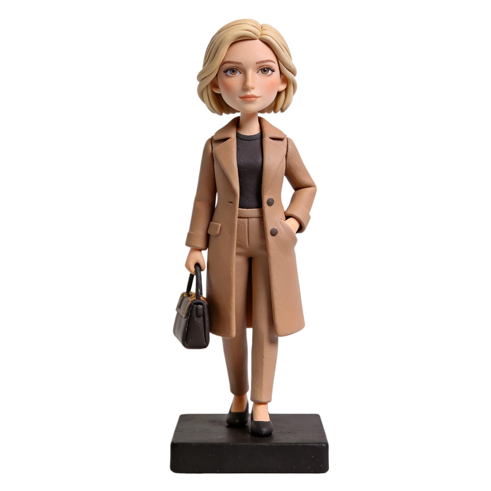 Figura 3D personalizada de mujer de negocios, figura 3D personalizada de la foto, estatua de cuerpo completo de arcilla polimérica hecha a mano, figura de bolso de cuero, decoración de escritorio para