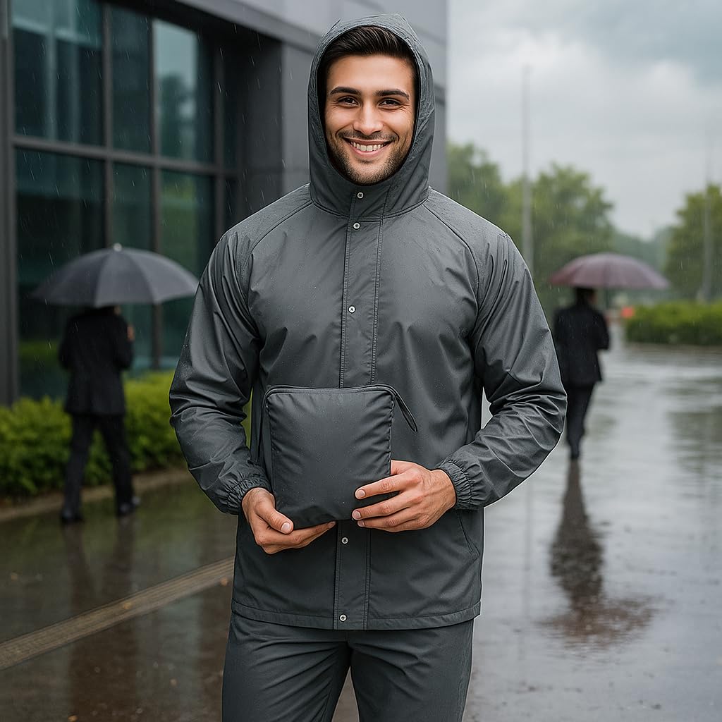 Unox Rain Coat for Men waterproof, GREY-XL Size Waterproof Raincoat Black with Pant Set suitable for Men, Women, Boys & Girls Adjustable Top and Bottom Rain Coat - Image 4 thumbnail