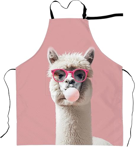 Bonito delantal de llama con lentes rosas y delantales de burbujas, poliéster Oxford impermeable, bolsillos ajustables, diseño para cocinar,