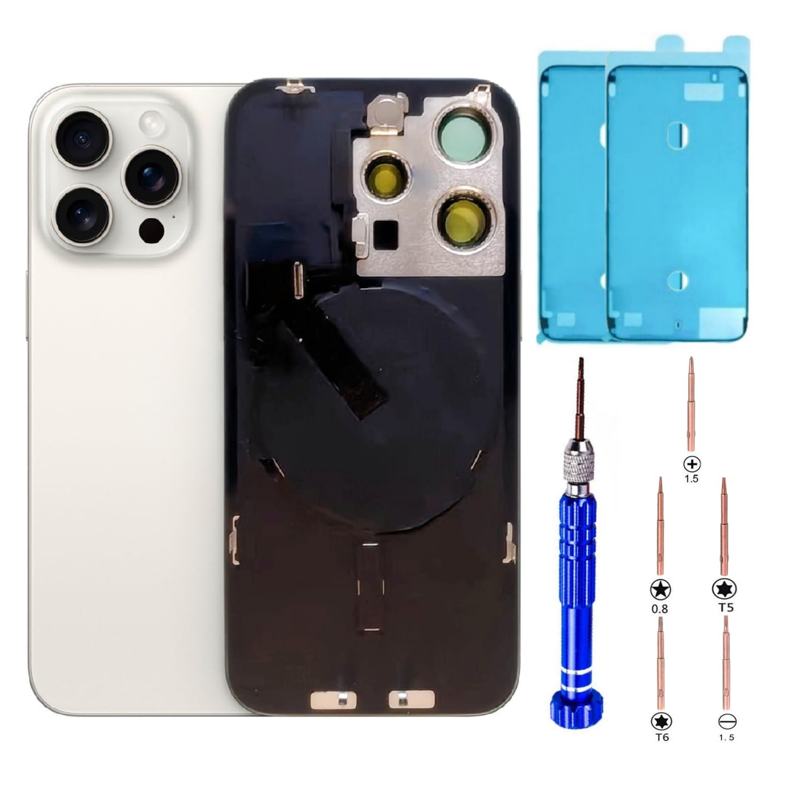 Photo 1 of 15 Pro Back Glass Replacement Kit with Plate & Flex Cable and All Parts, White Titanium, 6.1 Inch for iPhone 15Pro Back Cover Glass, with Repair Tools (White Titanium)