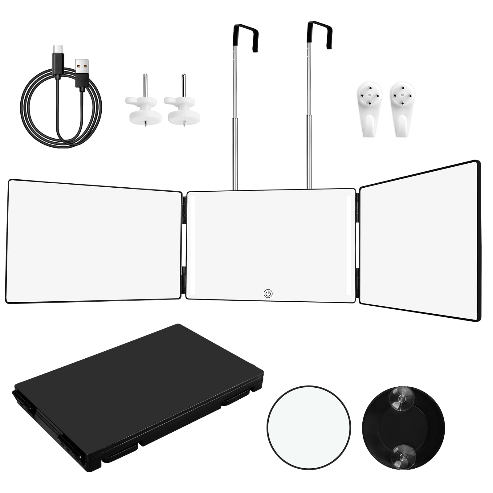 UCAMP Espejo de 360 Grados,Espejo de Tres Vías con LED y Ganchos Ajustables en Altura,Espejo de Afeitar,Espejo Tríptico para Cortes de Cabello,Afeitado,Maquillaje y Peinados,Incluye Lupa 10X