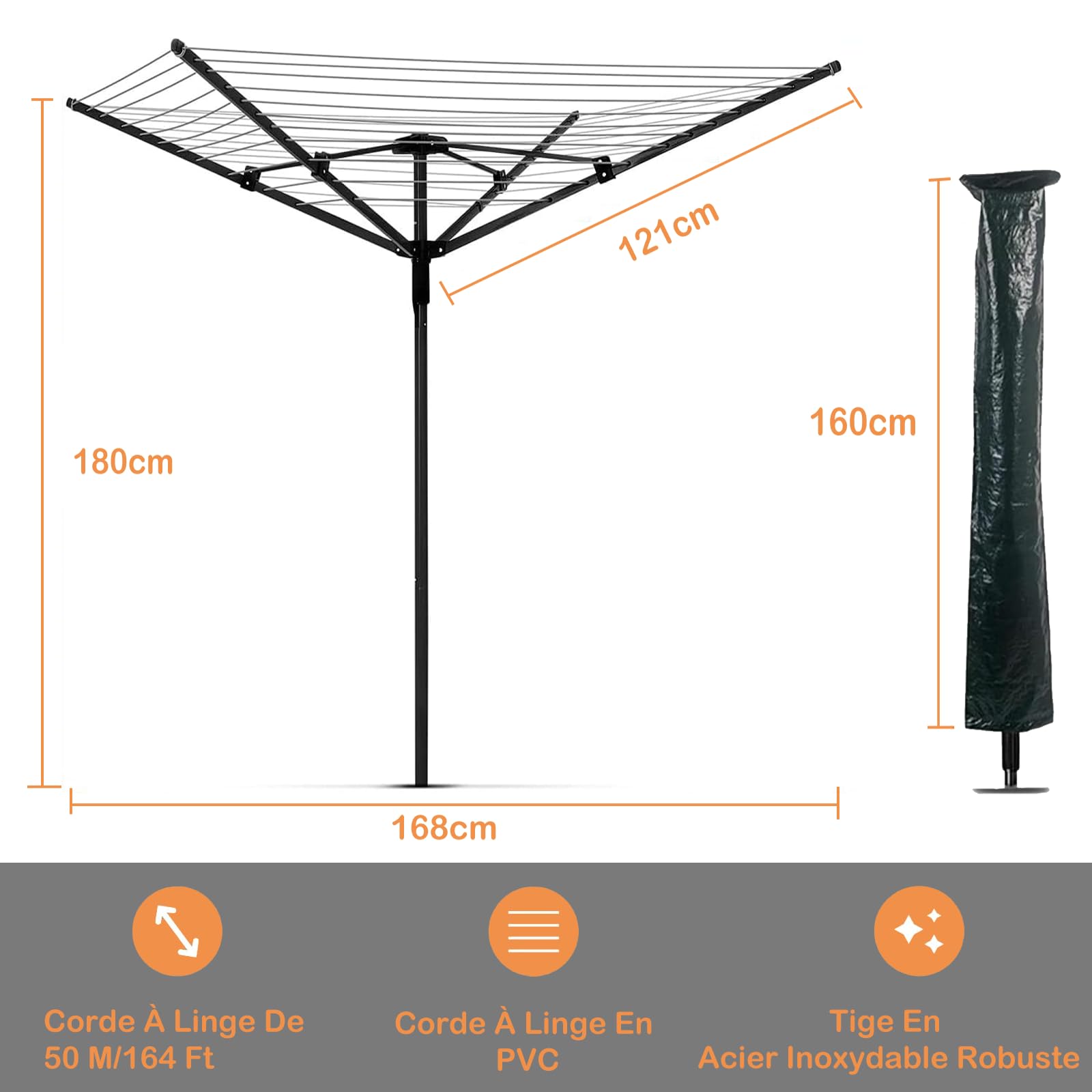 uyoyous Séchoir Parapluie avec Corde à Linge de 50 m