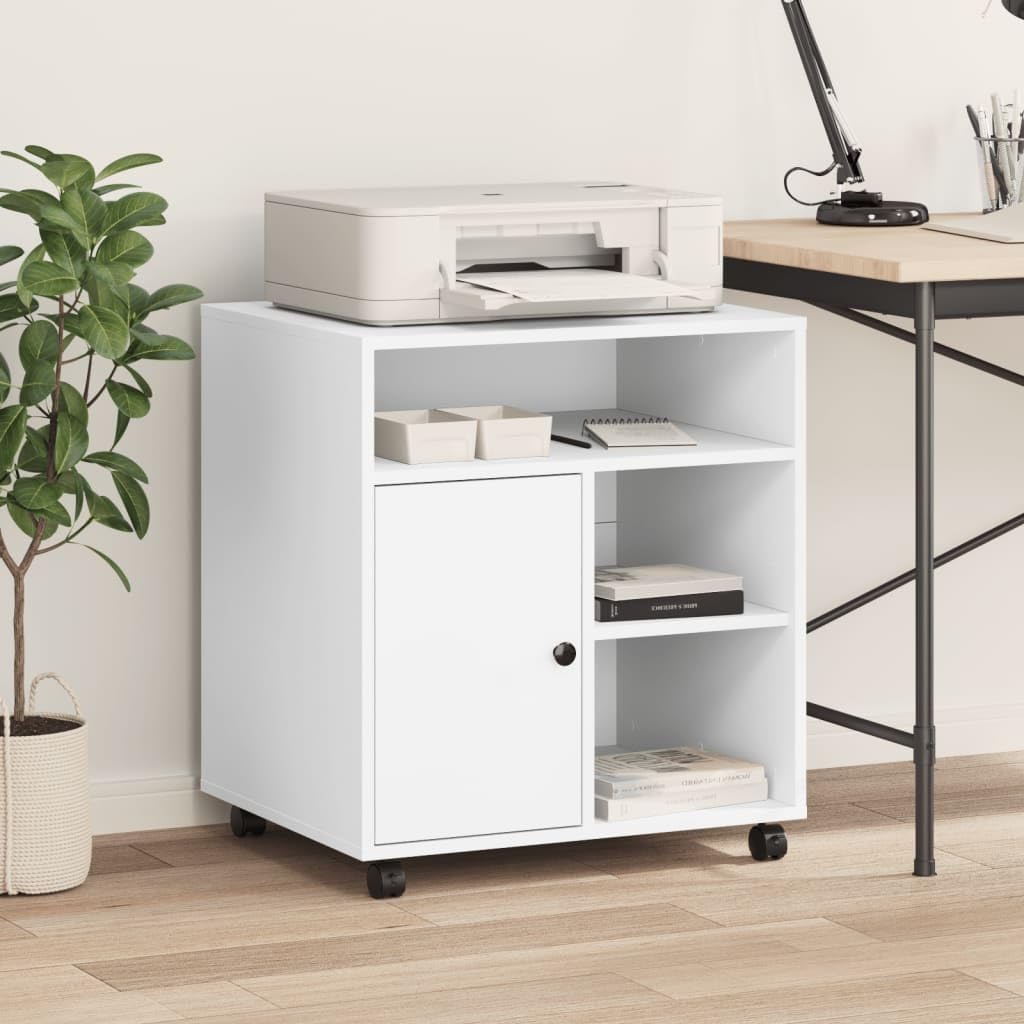 Générique Supporto per stampante bianco con ruote bloccabili, mobile in legno di ingegneria, 60 x 50 x 67 cm, organizer da scrivania con ripiano e contenitore per forniture e libreria
