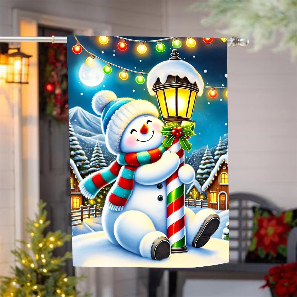 Sitting Snowman Garden Flag 12x18 Inch Christmas Yard Flag with Candy Cane Lamp Post and Holiday Lights Double Sided Winter Outdoor Decoration for Lawn Garden - Image 5