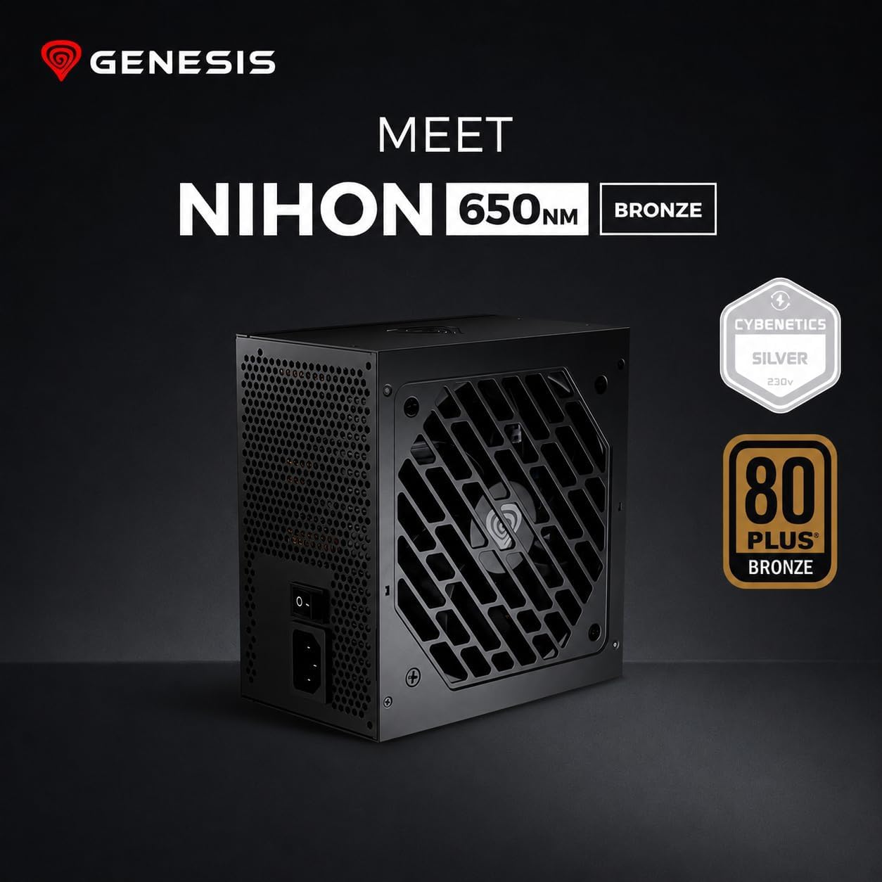 Nihon 650NM PC 650W czarny Zasilacz Genesis ATX 3.1 PSU do komputerów gamingowych, 80 Plus Bronze, Cybenetics Silver, 12 V-2x6, wentylator FDB 120 mm, aktywny PFC, 6x SATA, 3x PCI-E, niemodułowy