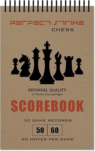 Libro de puntuaciones de ajedrez Perfect Strike con reglas e instrucciones de puntuación. Resistente. Calidad de archivo. (5.5" x 8.5") (50 juegos