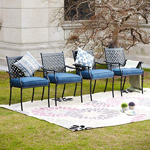 Image of LOKATSE HOME Patio Dining Chairs Set of 4, Stackable Metal Wrought Iron Outdoor Chairs with Armrests & Thick Blue Cushions, All-Weather Heavy Duty Furniture for Garden, Backyard, Deck & Balcony