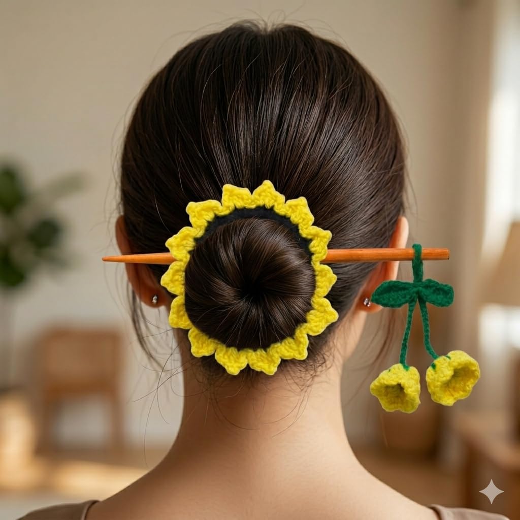 Crochet Sunflower Hair Bun Stick, Yellow and Green, Handmade Floral Bun Holder with Wooden Hair Pin-image-38