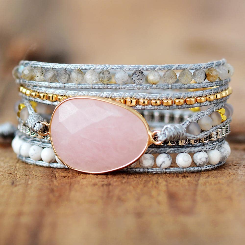 Braccialetti multistrato con pietre preziose Boho fatti a mano per donna, braccialetti con perline regolabili, ciondolo in pietra di quarzo rosa, gioielli con bracciale chakra per uomo e donna