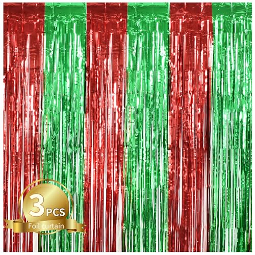 Image of TONIFUL 3Pcs Red Green Door Streamers,Red GreenPhoto Booth Backdrop Metallic Streamers Foil Fringe Curtains for Birthday,Christmas,New Year,Bachelorette,Grad Party Streamers Decor(9.9ft x 6.6ft)