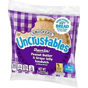 Smucker's Uncrustables Peanut Butter & Grape Jelly Sandwiches, 72 Count Bulk Case, 2.6 Oz Each, Frozen Grab & Go Wheat Bread Snacks for Kids Lunchboxes, Vegetarian