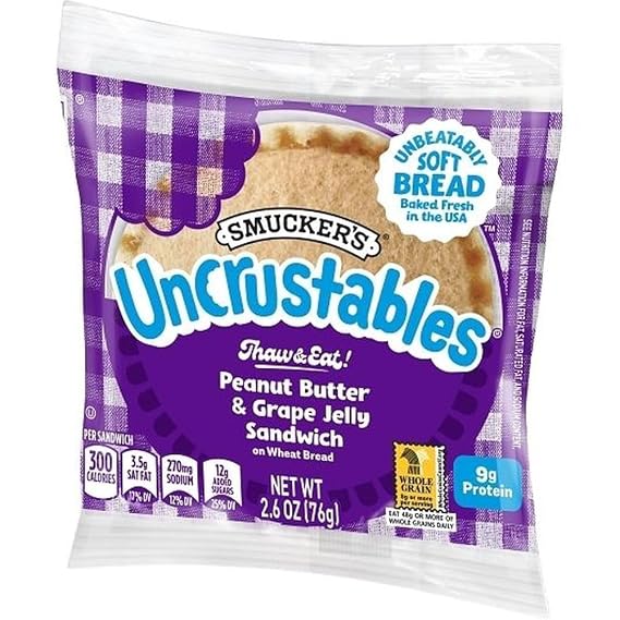 Smucker's Uncrustables Peanut Butter & Grape Jelly Sandwiches, 72 Count Bulk Case, 2.6 Oz Each, Frozen Grab & Go Wheat Bread Snacks for Kids Lunchboxes, Vegetarian