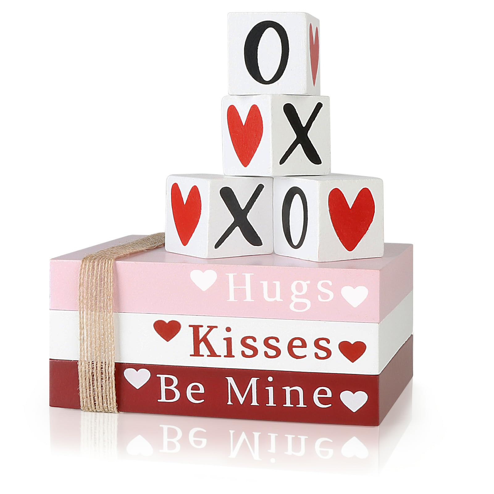 Valentines Day Decor, Wooden Book Stack with 4 XOXO Signs - Valentines Day Decorations for The Home, Tiered Tray, Coffee Table, Fireplace Mantel, Shelf