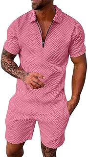 Pijama Hombre Hombre Casual Rayas Traje de Dos Piezas con Cremallera y Manga Corta Top Blusa Traje con Cordón y Bolsillo Conjunto Corto Hombre Traje Rojo Negocios