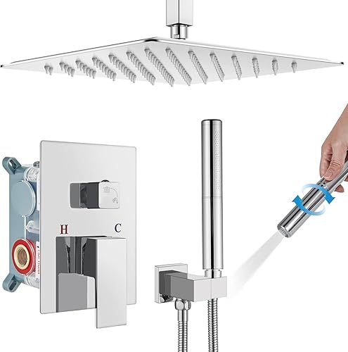 Miniatura 10 de gotonovo Juego de grifo de ducha de montaje en techo, cabezal de ducha cuadrado de 12 pulgadas, sistema de ducha de lluvia de níquel cepillado,