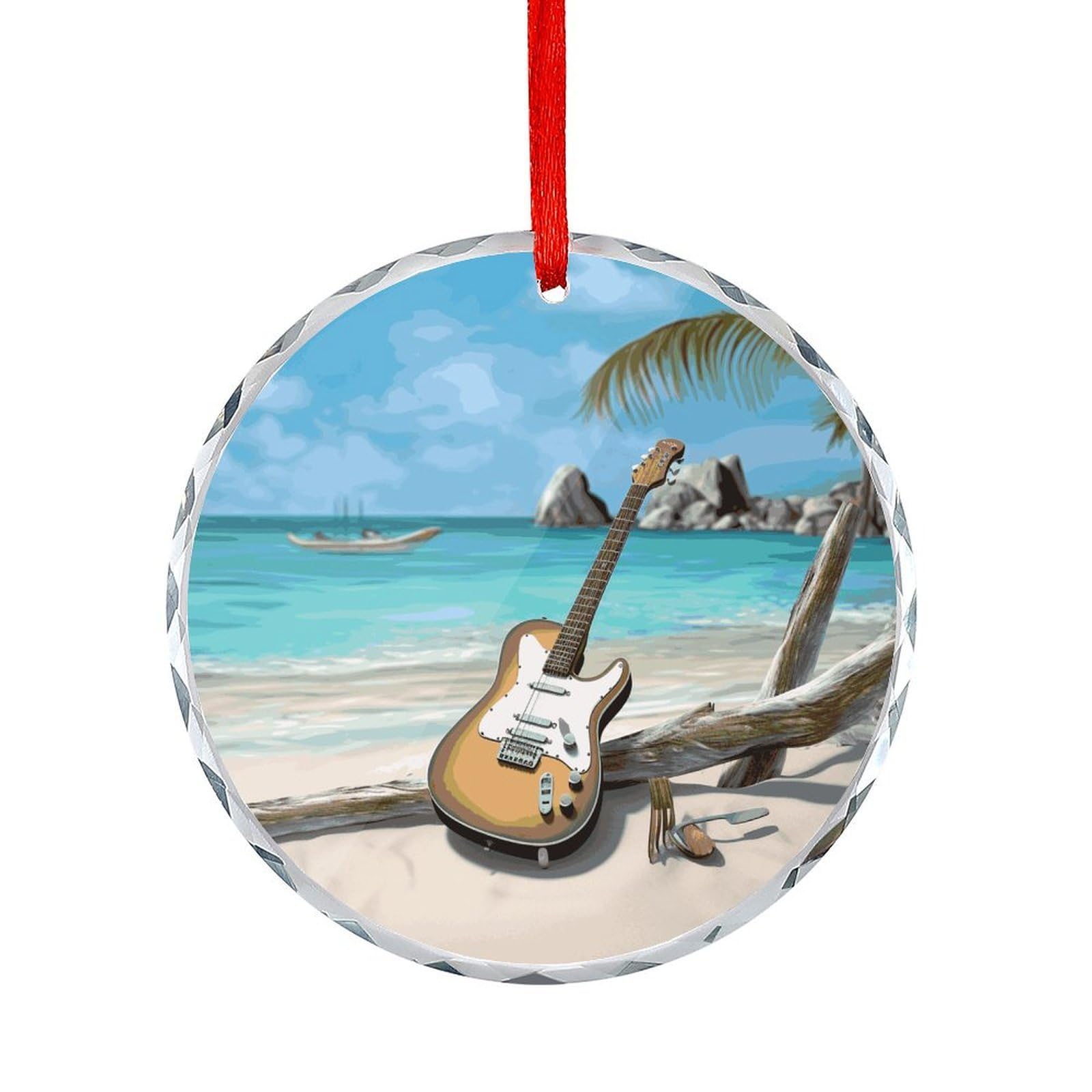 Btcowzrv Style Guitar On The Beach Round Ornament Hanging Pendant Decor