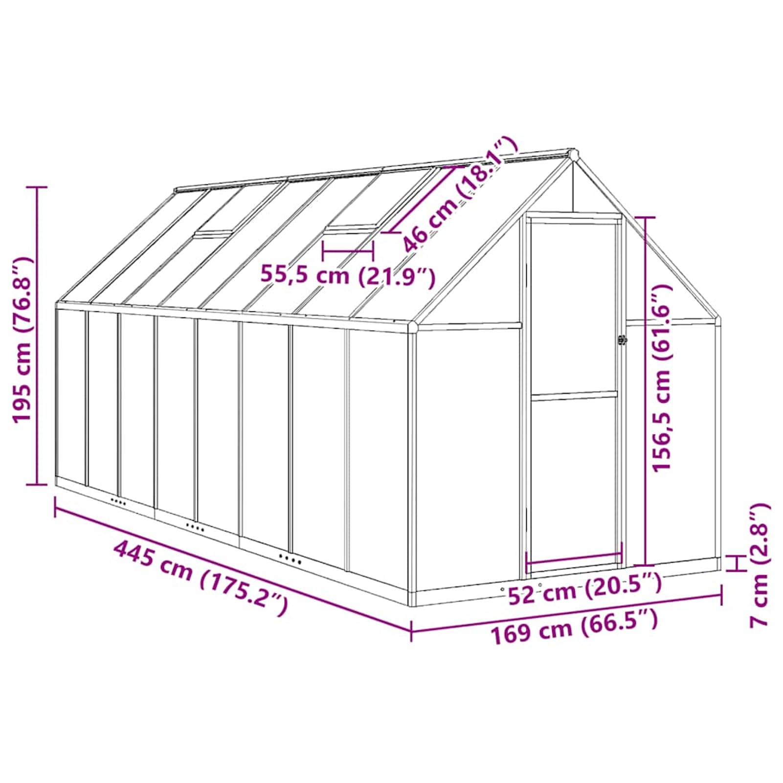 Szklarnia 445 cm dł. x 169 cm szer. x 195 cm wys. – stabilna rama aluminiowa z płytami poliwęglanowymi 4 mm, zakopana rama fundamentowa, idealna do uprawy warzyw i roślin