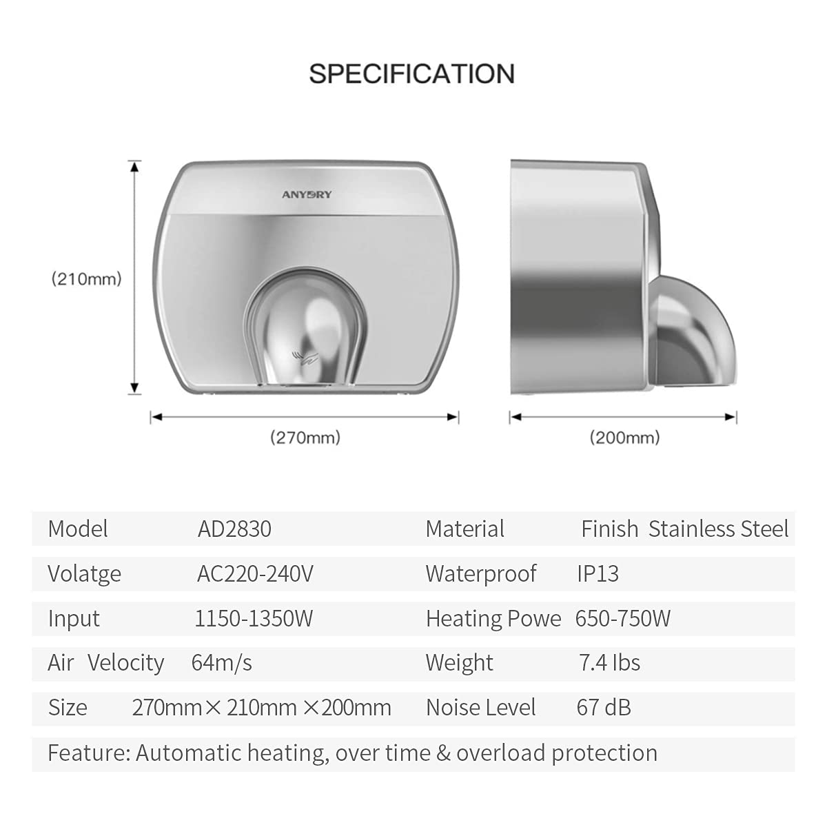 Sèche-Mains Électrique Anydry Mini - Automatique Murale 1350W - Inox Hygiénique Pour Salle De Bain