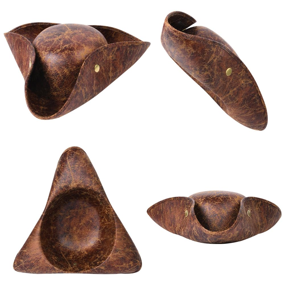 Aomig Pirate Hat for Adult Brown Distressed Leather Colonial Style Tricorn Hat Pirate Cap - Image 4