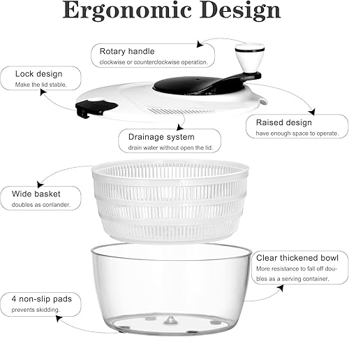 Miniatura 4 de Ourokhome Lavadora giratoria de lechuga para ensaladas secadora giratoria duradera de verduras con cuenco compacto y colador fácil de limpiar lavar