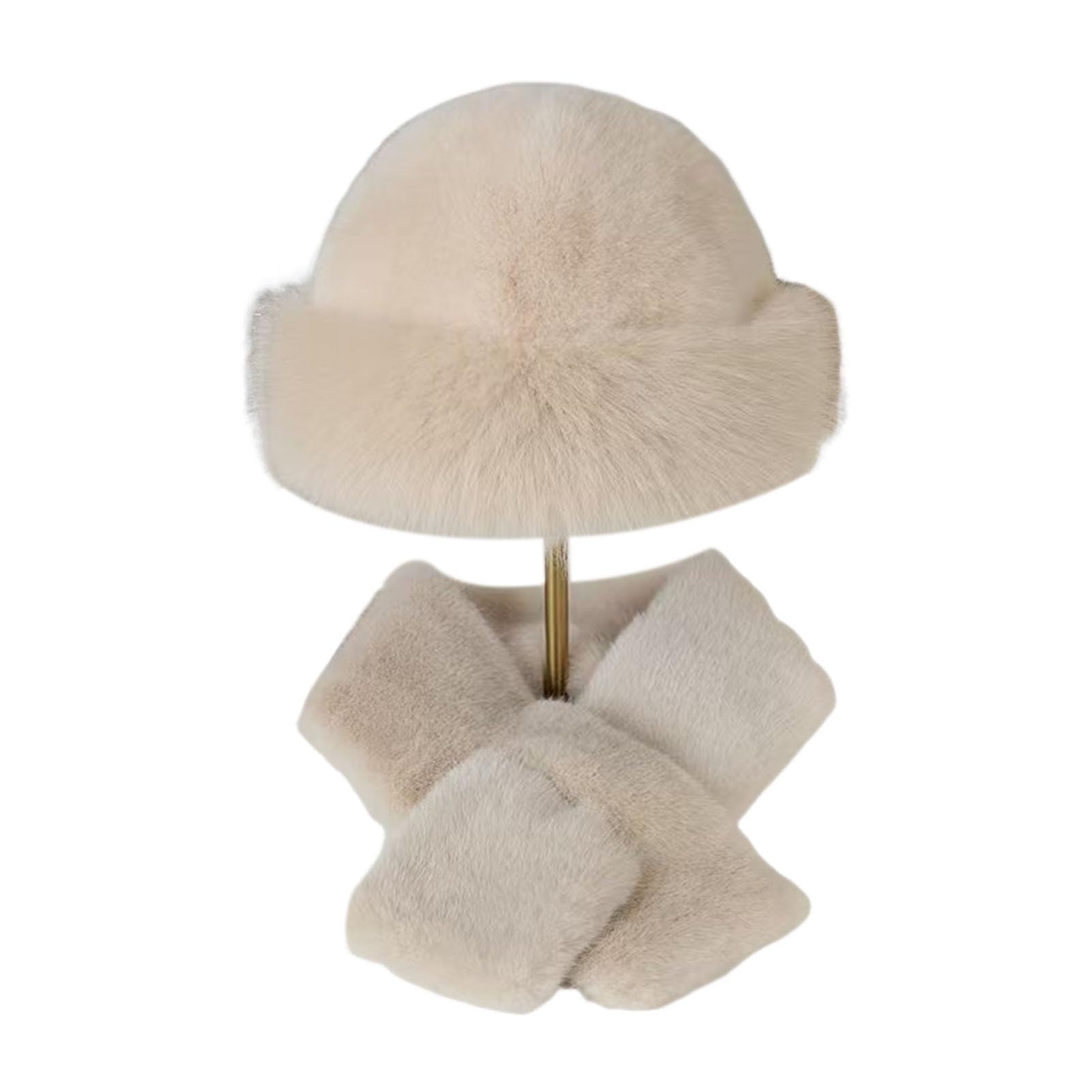 Taeiur Fur Hat and Scarf Set for Women, Faux Fur Collar Wrap Winter Fuzzy Hat Scarf Thickened Plush Warm Cap for Cold Weather Light Khaki