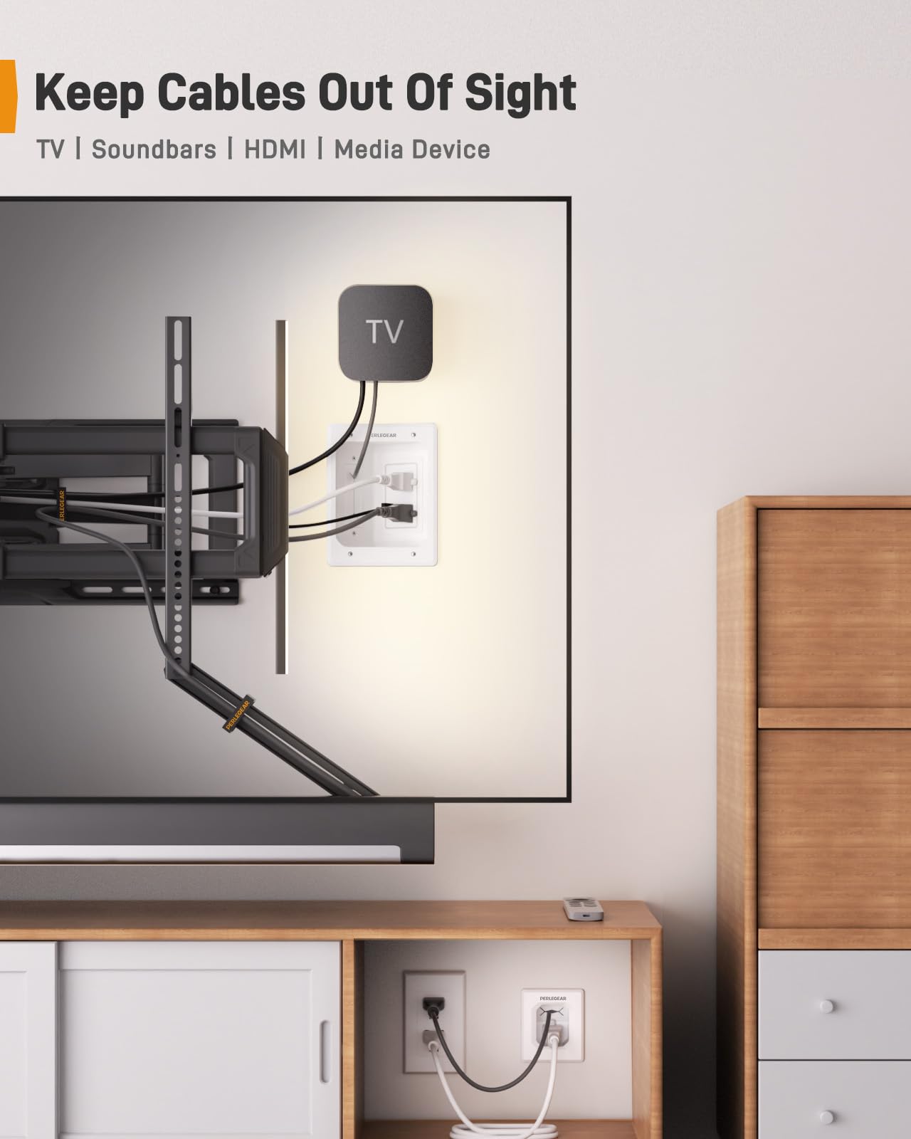 Perlegear Hider - Cavo per montaggio a parete TV con prese AC, porte USB-A e USB-C, kit di gestione dei cavi a parete, include modelli di trapano, sacchetti per la polvere, sega per cartongesso