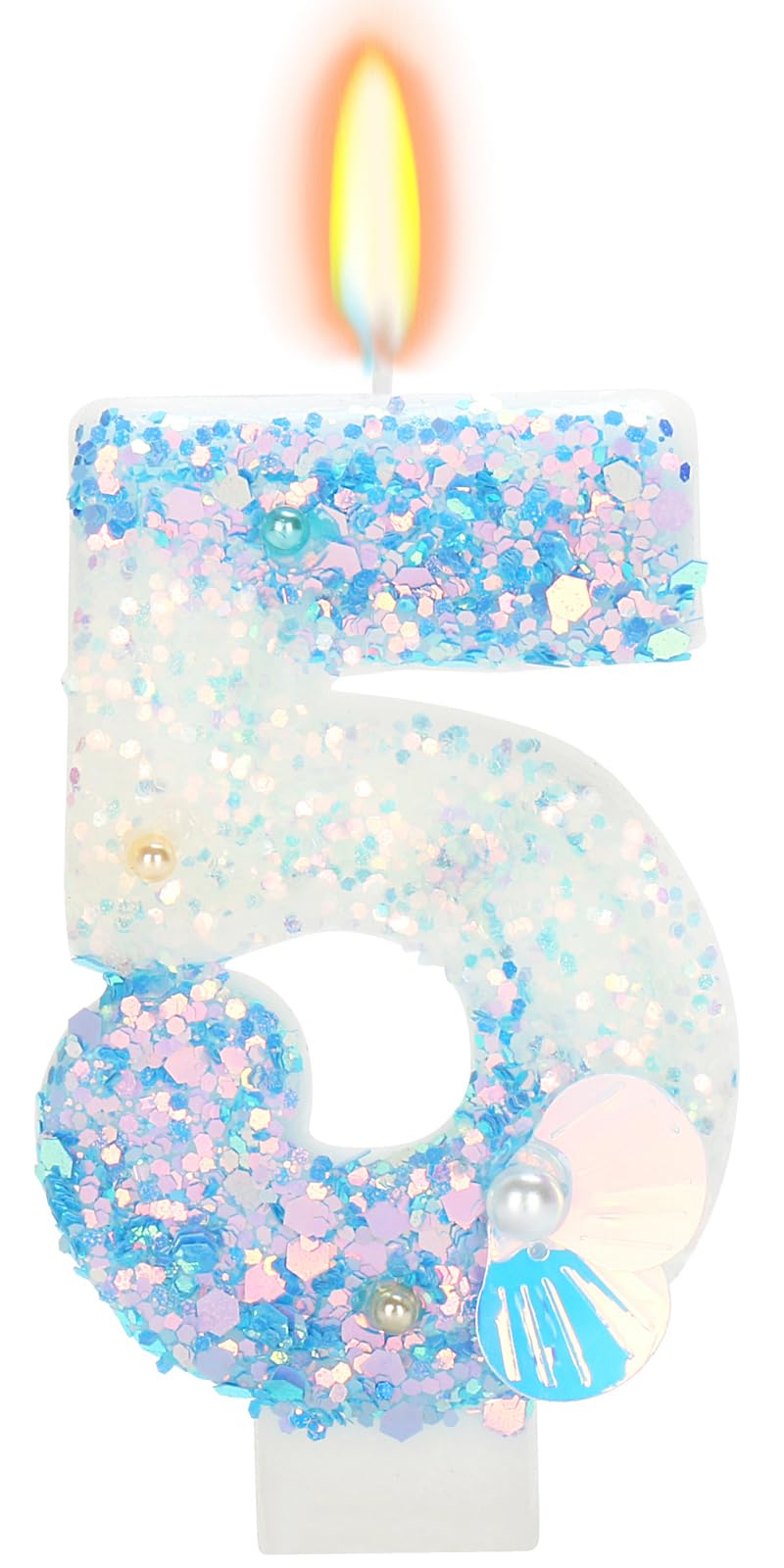 ElekFX Birthday Candle for Cake, Mermaid Vibes Blue 5 Candle, Mermaid Party Supplies Starfish Shell Glitter Decor 2.76 inch Candle, Cake Topper Decoration for Birthday Party (Number 5)