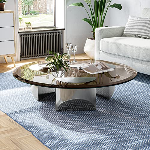 Rimdoc Round Glass Coffee Table Wedge Coffee Table, Modern Coffee Table With Bronzed Tempered Glass Top End Table, Heavy Duty Polished Steel Legs Support For Living Room, Home, Office #TOP2