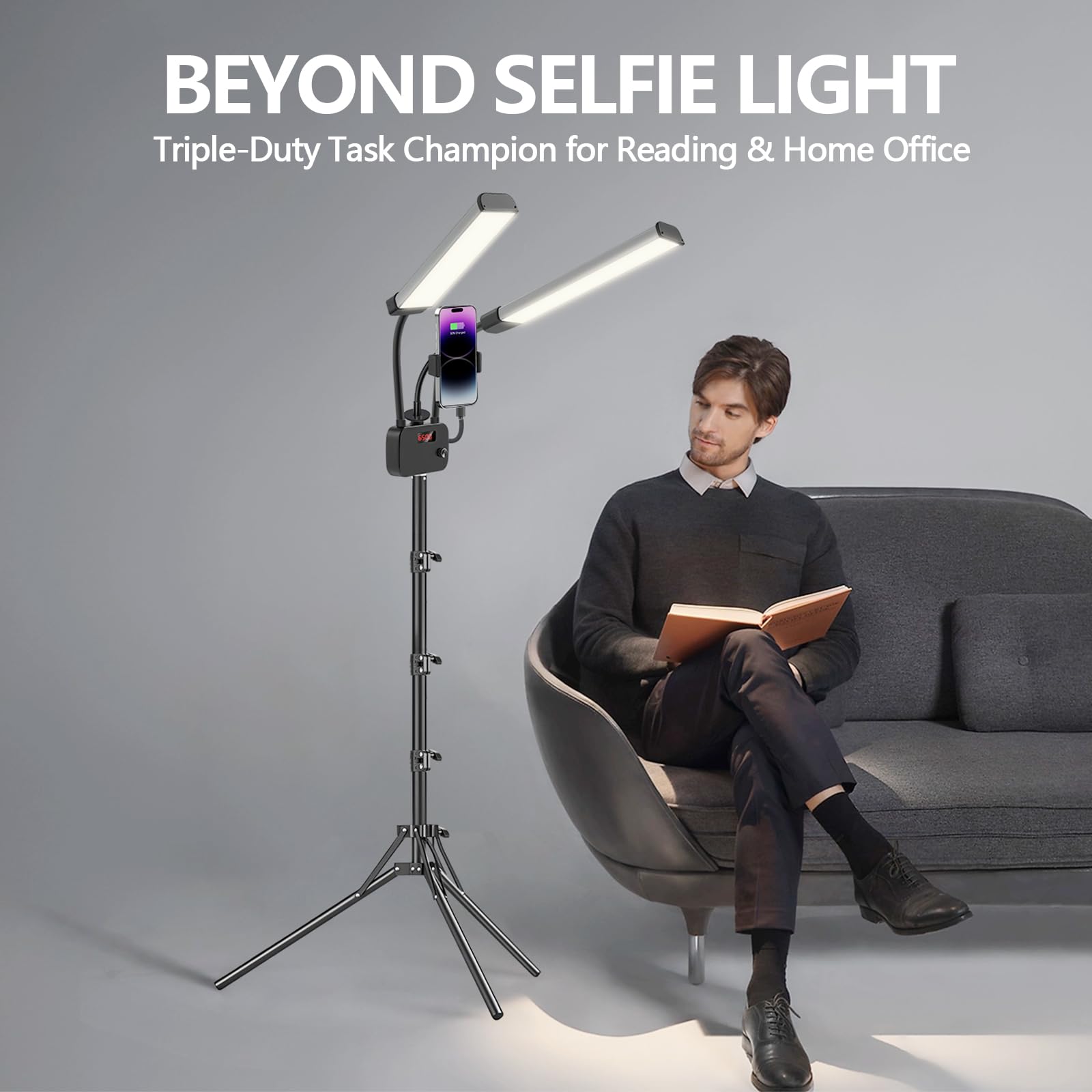 Selfie-Licht mit 190 cm Stativ-Ständer, dimmbar, 3 Farben, LED-Doppelarm-Ringlicht mit Handy-Halterung und Tragetasche für Wimpern-Tattoos, Video-Fotografie, 45 W, 95 CRI Stativ-Stehlampe