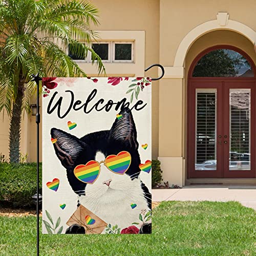 Cmegke Welcome Cat Garden Flag, Lgbt Transgender Pansexual Lesbian Gay Garden Flag Vertical Double Sided Burlap Party Holiday Yard Home Farmhouse Outside Decor 12.5 X 18 In #TOP2