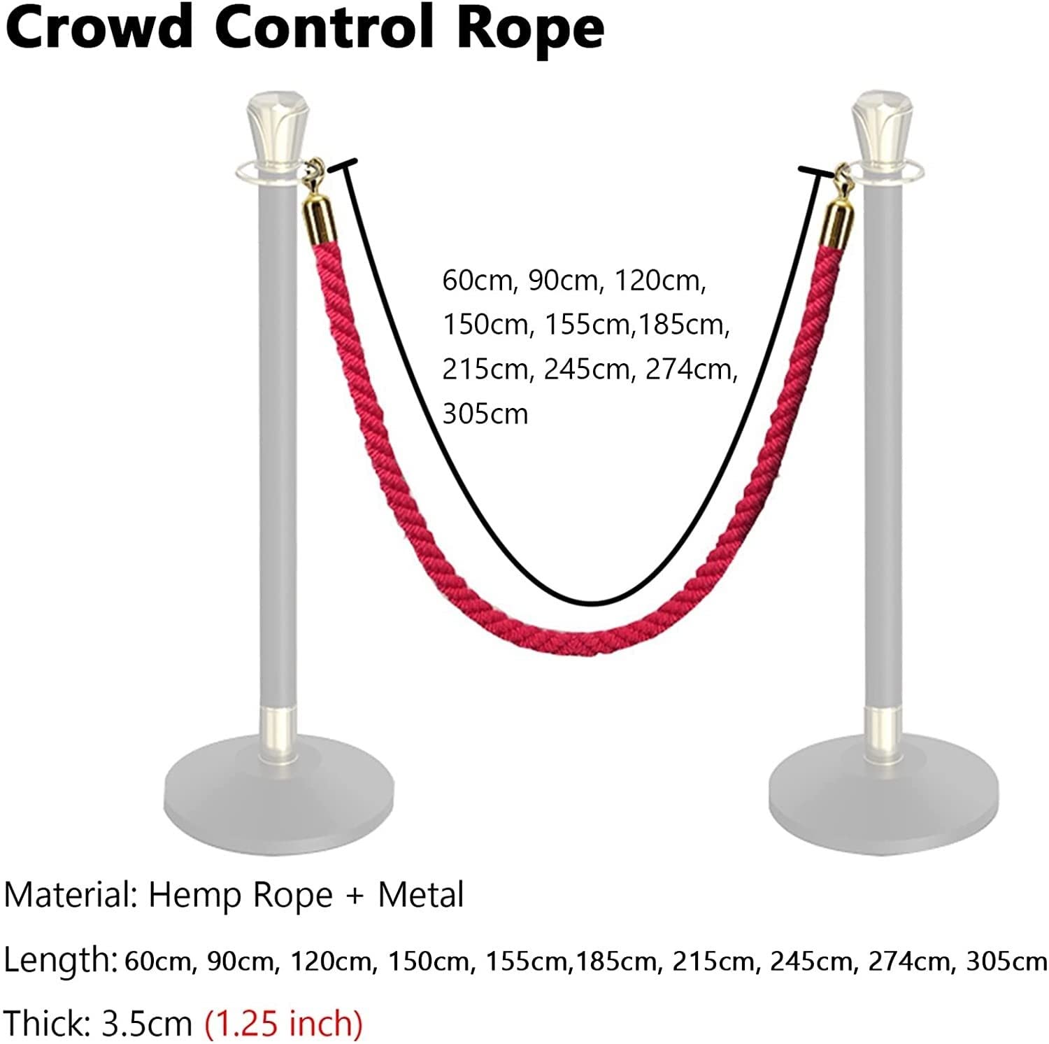 Corda resistente in polipropilene rosso con ganci, barriera di controllo della folla per cinema, hotel, grandi aperture, forte e flessibile, lunghezza 305 cm