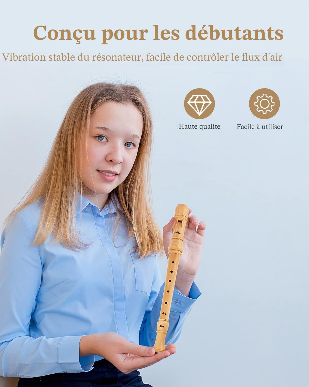 Eastar Flûte à bec soprano pour débutants, manche baroque, clé de do, en bois d'érable, flûte à bec en trois parties avec étui rigide, tableau des doigtes, ERS-31BM