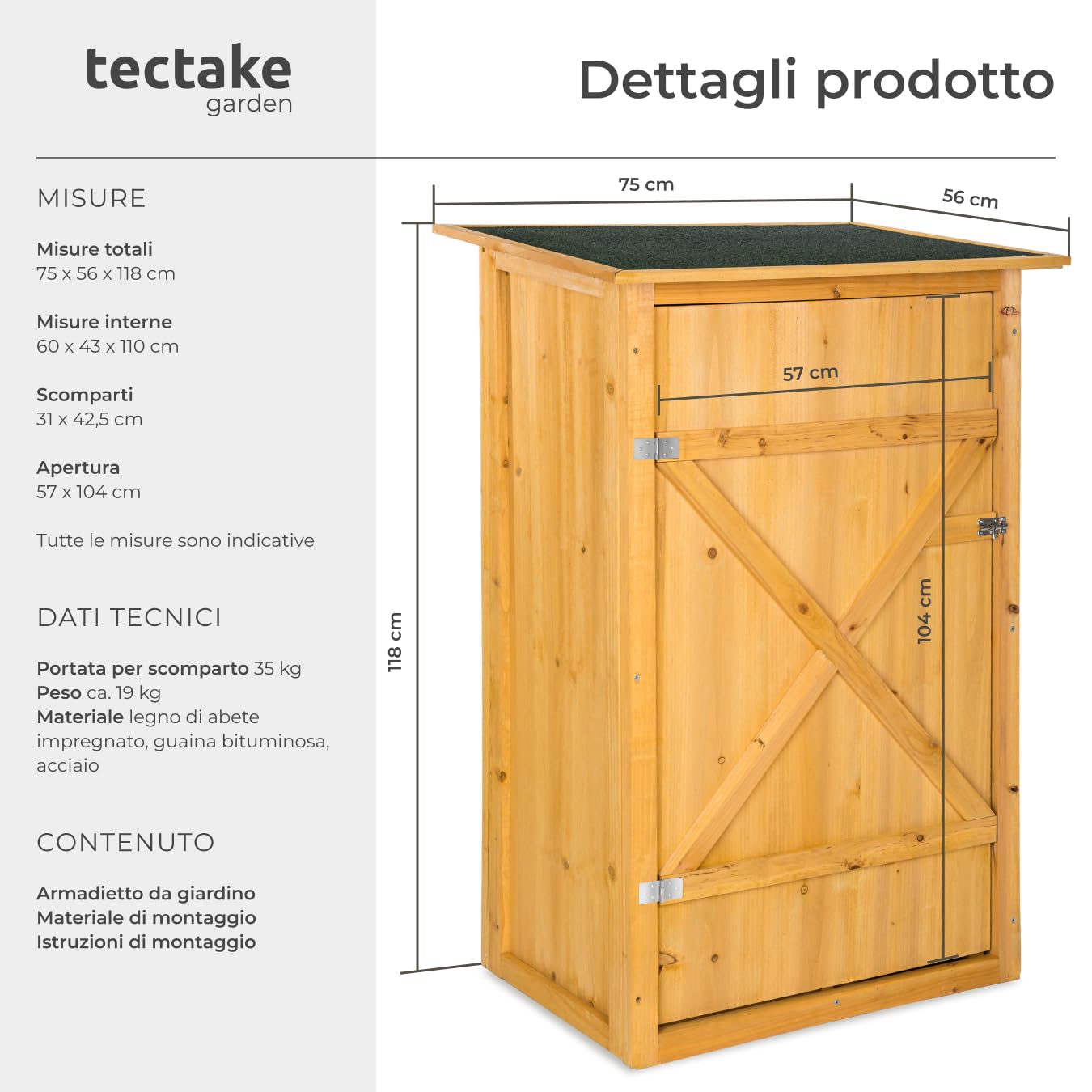 tectake® Armadio da Giardino con Tetto Piano, Ripostiglio da Esterno con 2 Piani d'Appoggio, Porta Richiudibile con Chiavistello, Mobile Giardino per Ricovero Attrezzi - Marrone