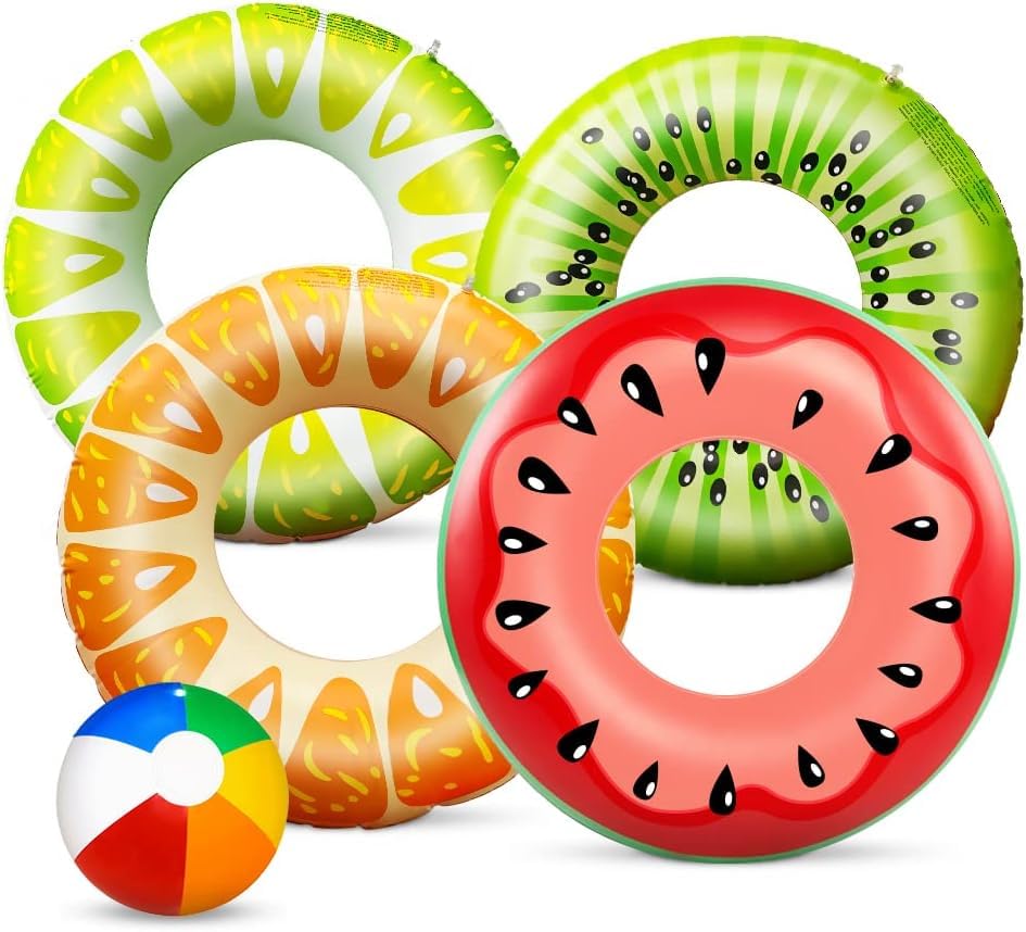 5PCS Inflable Flotador de Piscina Fruto, Anillo de Natación Flotadores de Frutas rueda con una pelota Adultos Anillos de natación para niños para Niños y niñas Juguete de Piscina Verano Playa