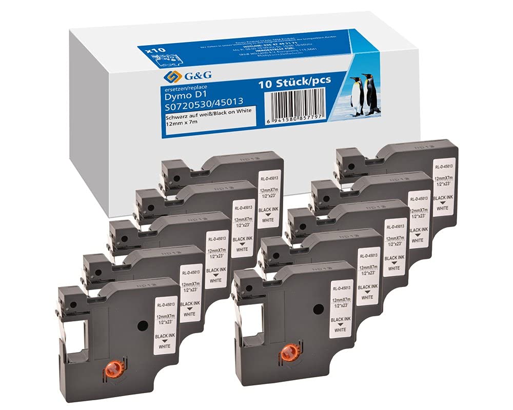 G&G Schriftband Kompatibel 45013 für Dymo D1 45013 S0720530 Etikettenband 12mm x 7m für Dymo LabelManager 160 210D 360D 280 420P 500TS PnP Dymo Labelpoint 250 150 100 200 10x Schwarz auf Weiß