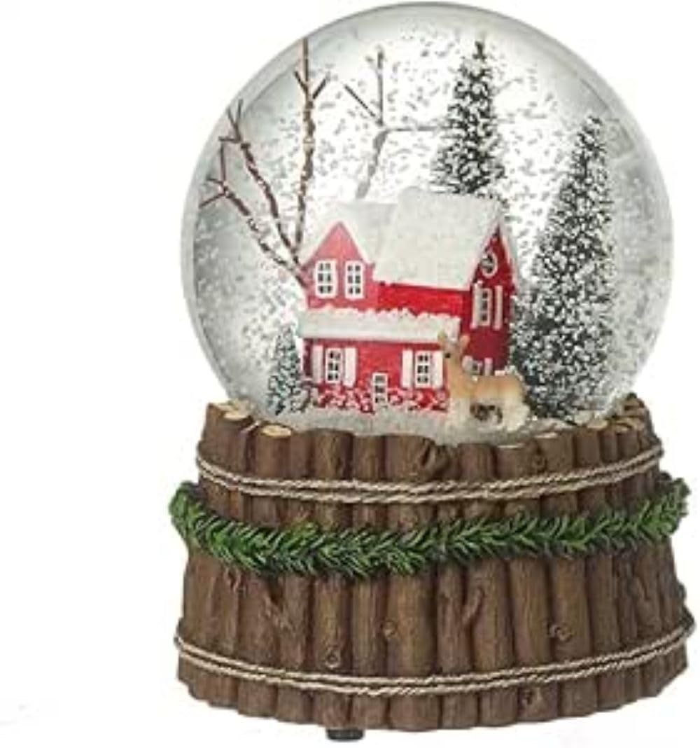 Heaven Sends Red House Scene With Deer Christmas Musical Snow Globe