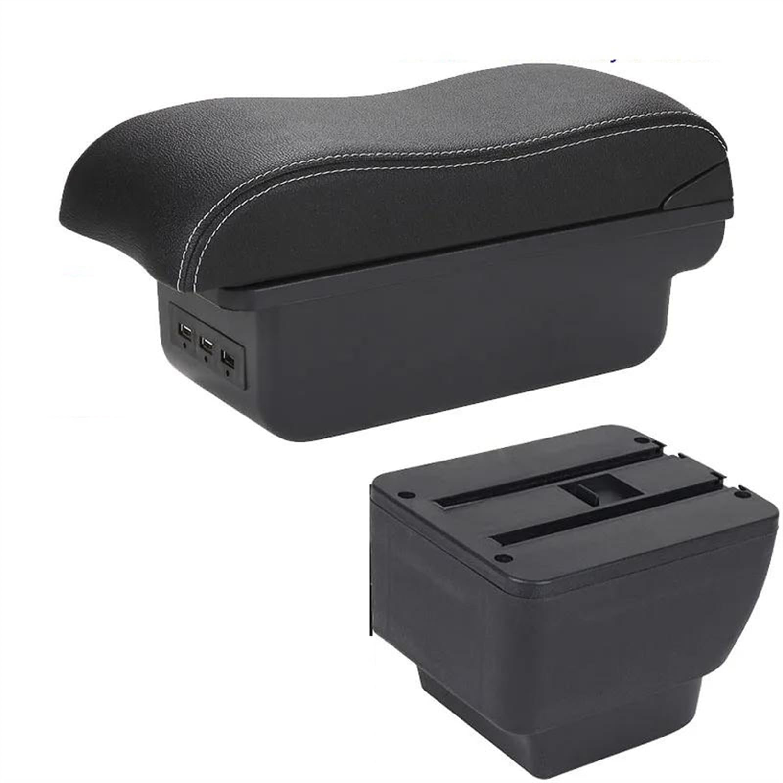 NOHEEU Car Armrest Box Curved Surface Leather Storage Simple Installation Interior Detail For Mazda 2 Demio(B3 Black white 3USB)
