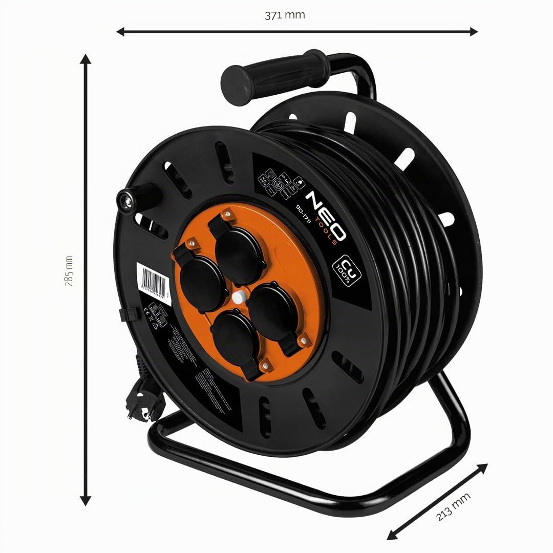 NEO TOOLS Avvolgicavo - 4 prese - 230 V - IP20 nero - Avvolgicavo con 4 prese - 50 m, 3600 W, 3 x 2,5 mm², fusibile termico, attacco di terra