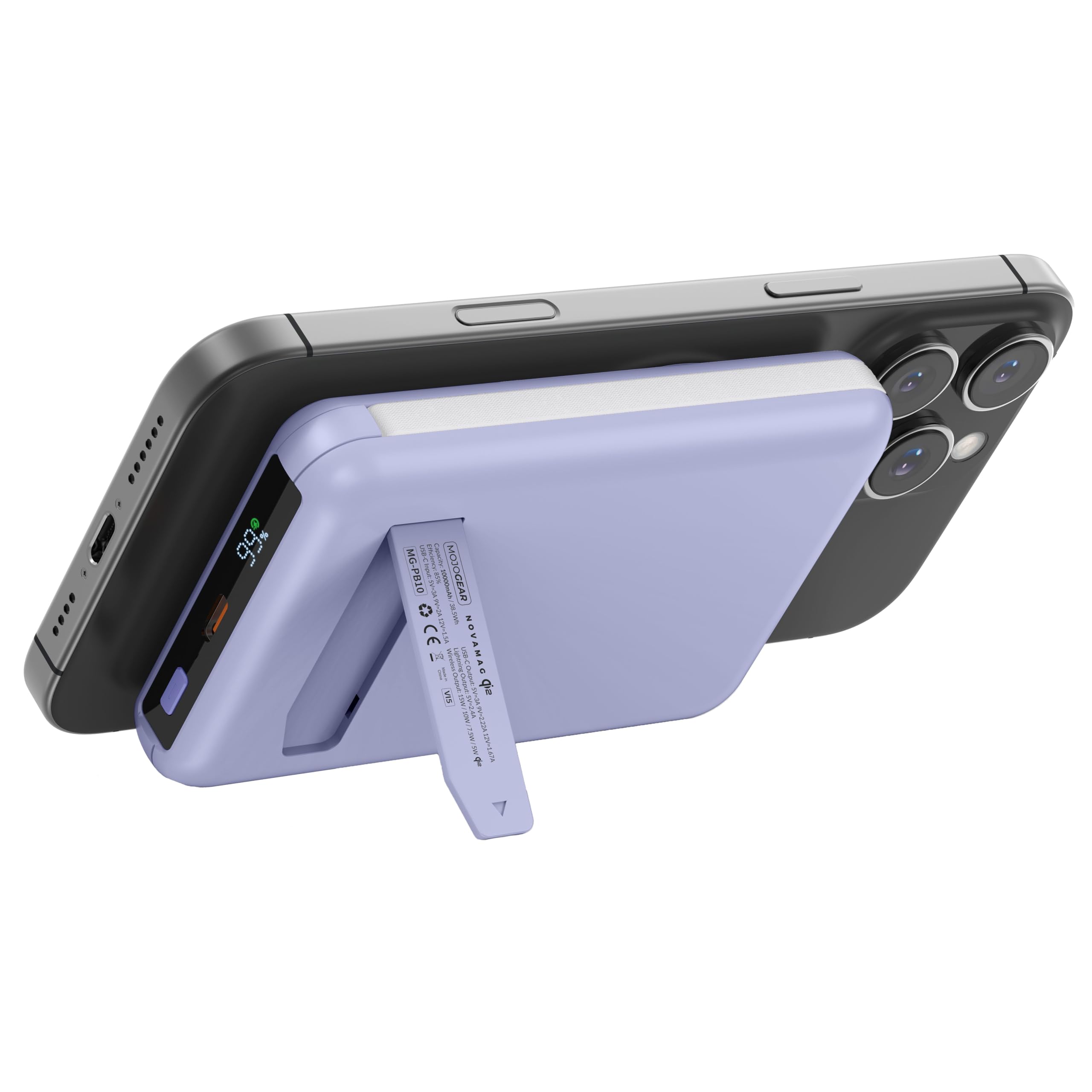 MOJOGEAR NovaMag All-in-1 Power Bank 10.000mAh - Wireless Qi2 Super Fast Charge - Cavo USB-C e Lightning integrato - Compatibile con iPhone e Samsung - Mag Safe Powerbank - Luce LED - Viola