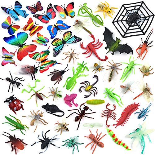 Coopay 51-Piece Plastic Insect Assorted Fake Mini Realistic Bugs Toys - Includes Multicolored Lifelike Butterfly for Education, Insect Themed Party, Halloween and Birthday Gifts