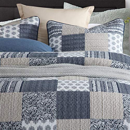 Vivilinen Quilted Bedspread Coverlet Set 3 Pieces Navy Patchwork Stitched Pattern Reversible Quilt Sets With 2 Pillow Shams Full/Queen Size 90’’X98 #TOP1