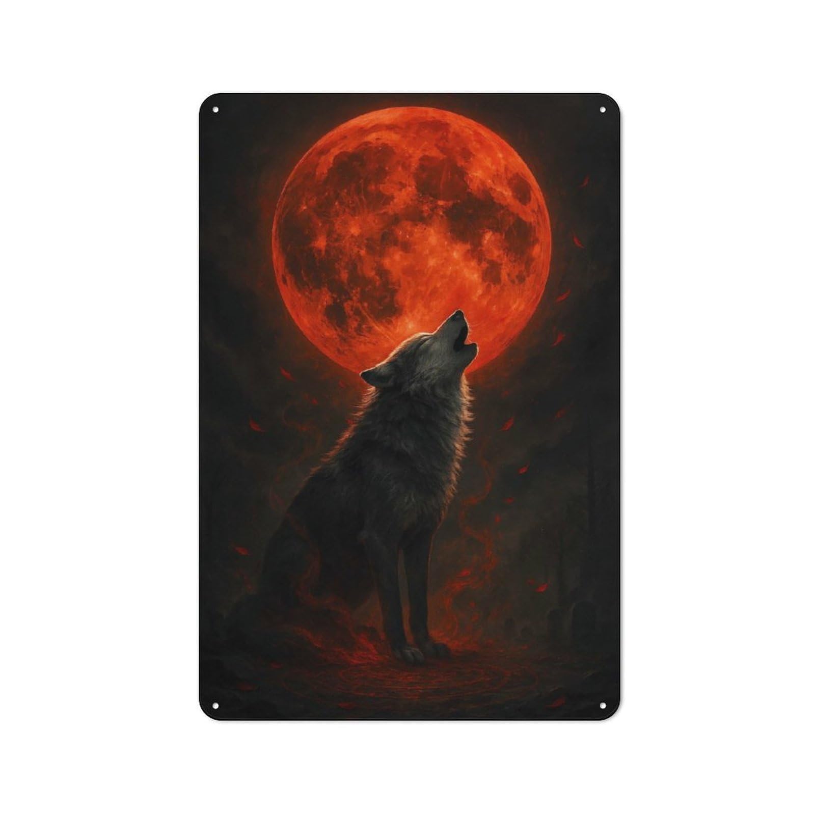 Junmoney Style-11 Wolf Howling At Blood Moon Tin Wall Sign 30X20cm, Country Style Bistro Wall Plaque For Coffee Bar, Kitchen, Bistro Or Tea Corner