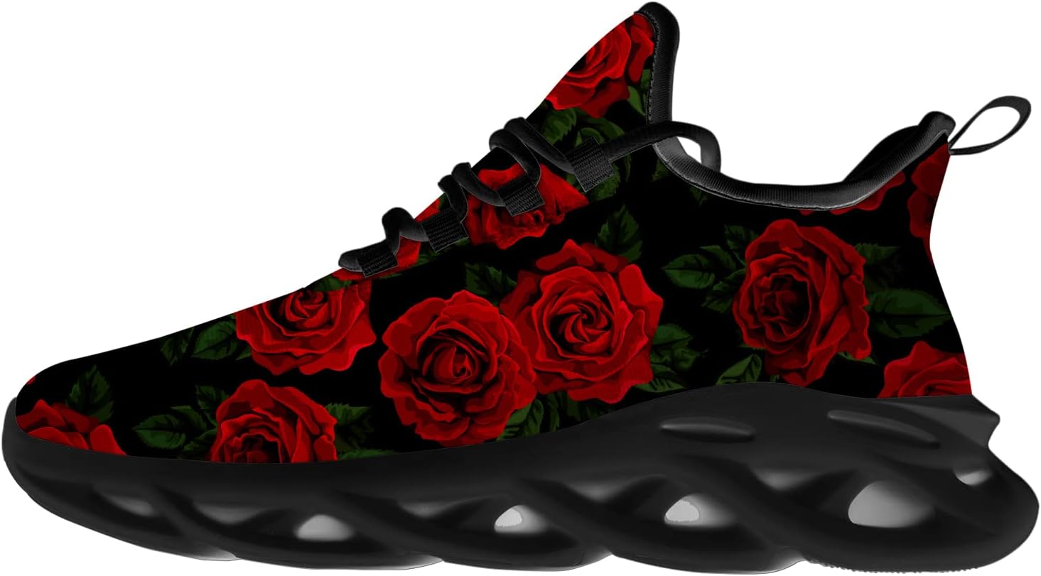 Ciadoon Unisex Adult Men Women Running Shoes Red Flower Floral Vintage Print Tennis Sneakers Size 7.5 Women/5.5 Men