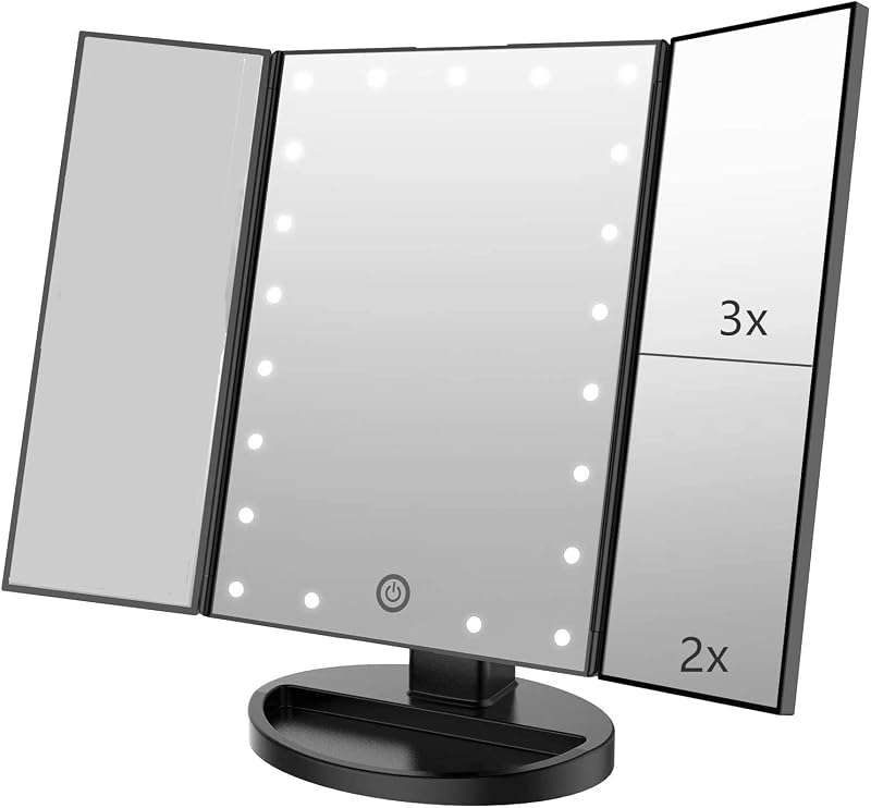 Espelho de maquiagem triplo Flymiro com iluminação LED, ampliação 3x/2x/1x, tela sensível ao toque e rotação de 180°