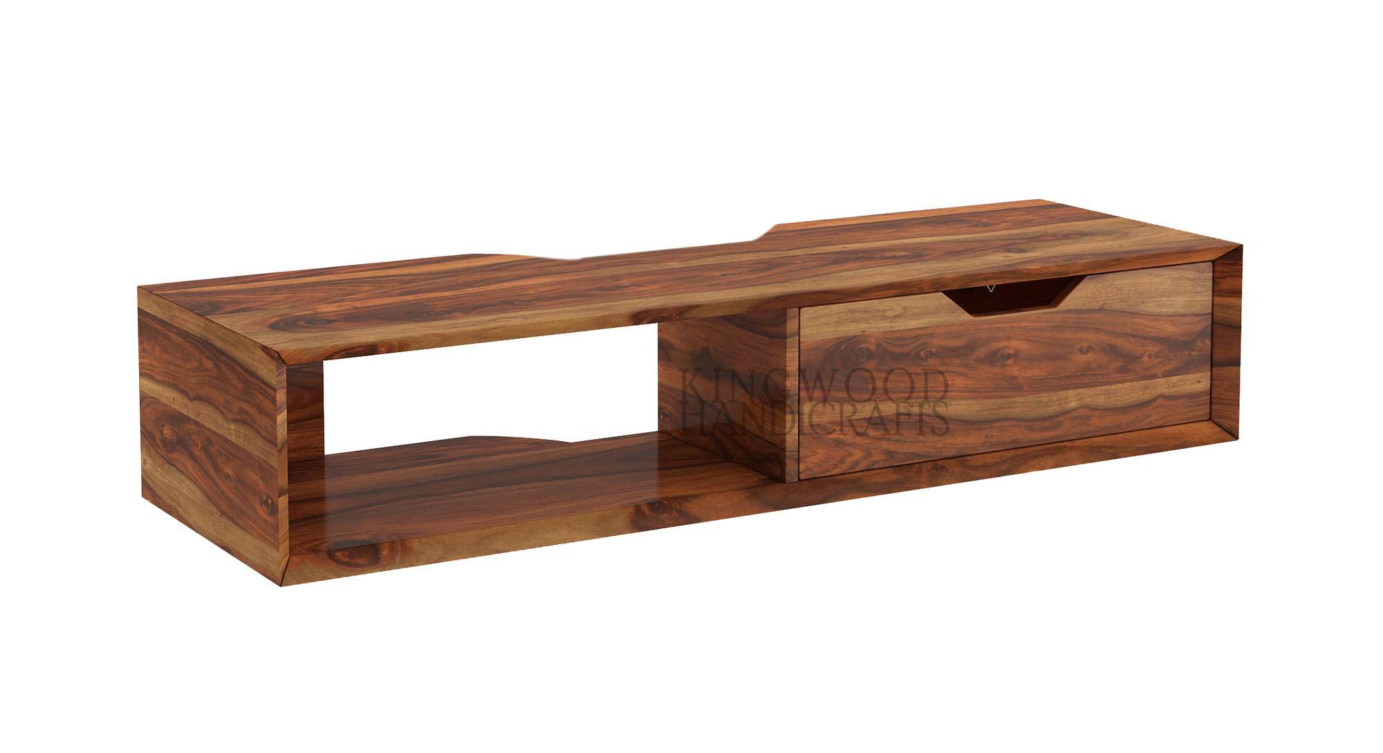 Kingwood Furniture French Wall Mount TV Unit Shelf Storage in Solid Wood Sheesham (Honey with Drawer)-image-26