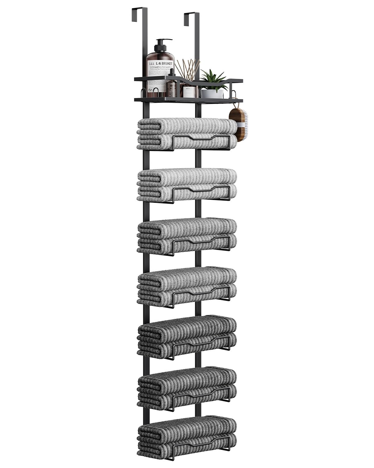 Aetyord Large Bathroom Towel Rack Hanging Behind the Door No Drilling 8 Tier Small Bathroom Storage Rack for Roll Up Towels, Campervan, Black