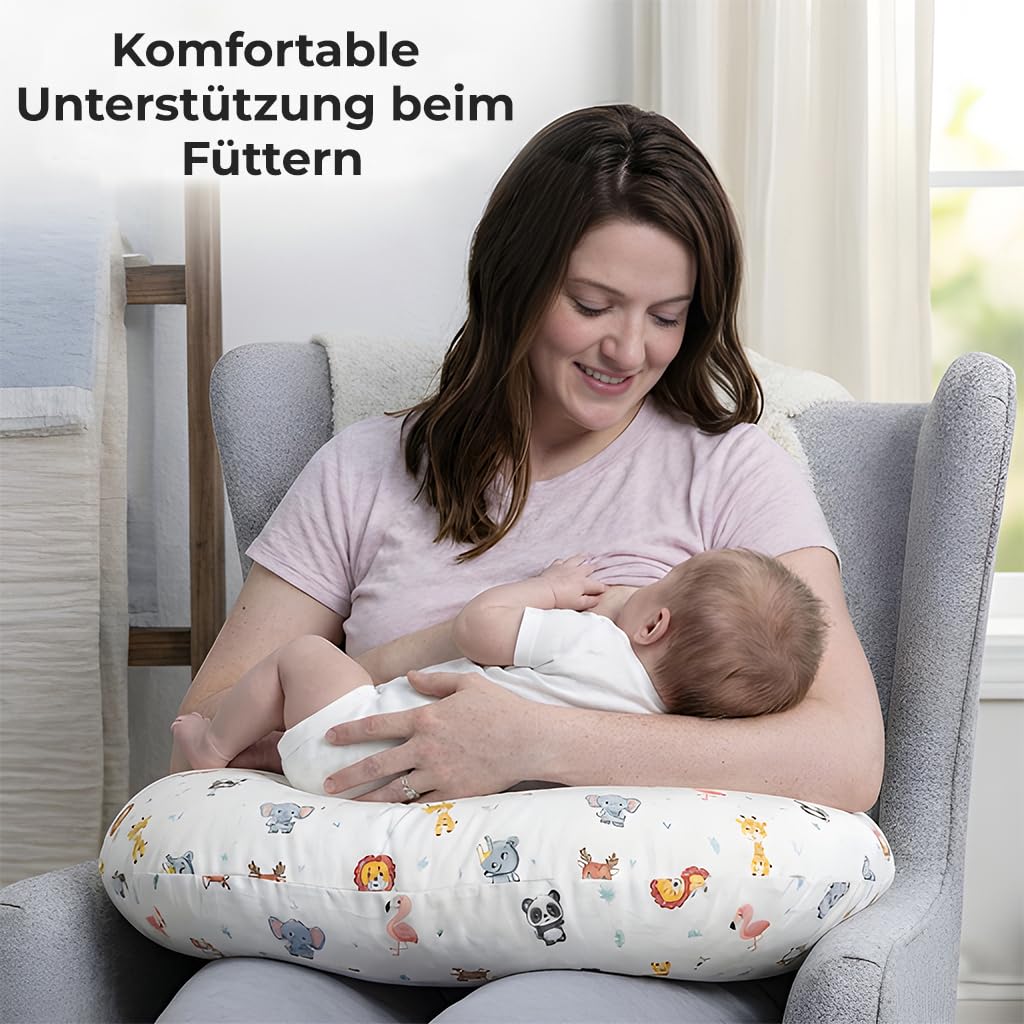 LivinEase Stillkissen zum Stillen und für Flaschen - Baby-Fütterungskissen 100% OEKO-TEX zertifizierte Baumwolle mit waschbarem Bezug - Perfekt für Bauchzeit (Dschungel)