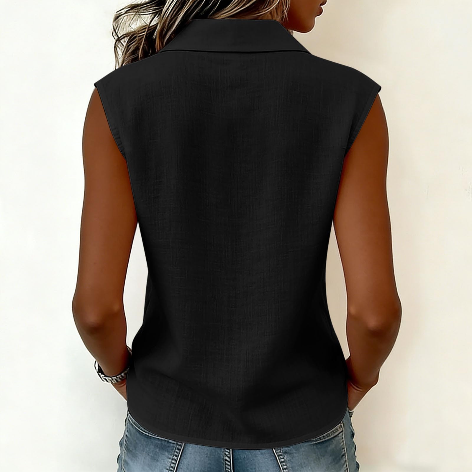 Chemisier Femme Chic et Élégant, Chemisiers et Blouses Femme D'Été sans Manches Coupe Fluide Respirant Col en Revers Bouton Lâche Respirant Couleur Unie Décontracté Tunique Tops pour Tenues Estivale - 3