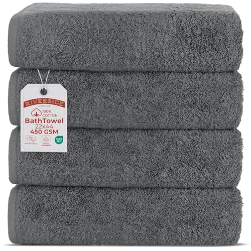 RIVERSIDE 100% Ring-Spun Cotton Bath Towels Set of 4 22 x 44 - Soft, Quick Dry & Highly Absorbent Towels for Shower & Bathroom - 450 GSM Lightweight Cotton Towels for Spa, Gym, Hotel - (Grey)