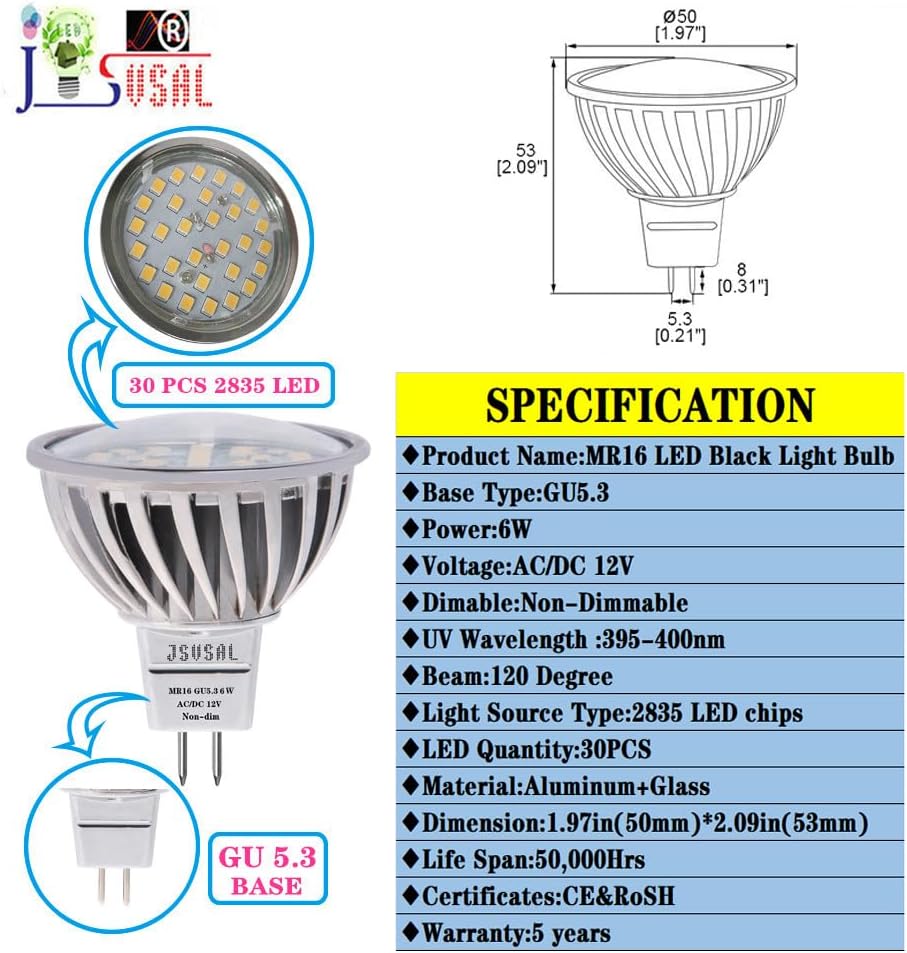 Dimmable LED Black Lights Bulb PAR16 Short Neck 6W Blacklight,E26 Medium Base 120V, UVA Level 395-400nm, Glow in The Dark for Blacklights Party, Body Paint,Fluorescent Poster,2-Pack